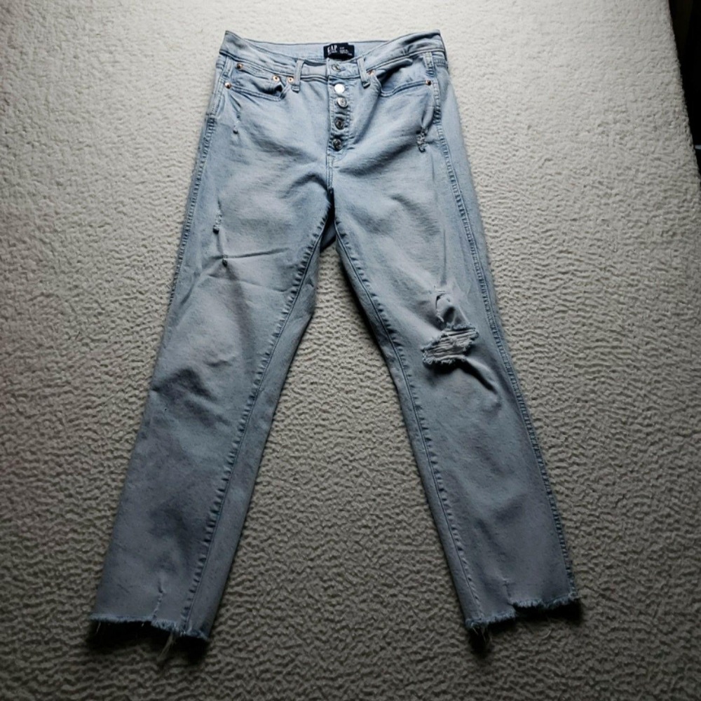 Gap High Rise Vintage Slim Jeans Womens 8 Blue Light Wash Distressed Raw Hem